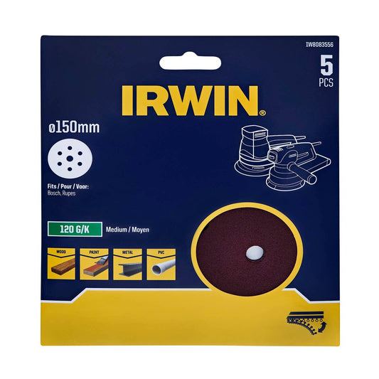 Irwin 150mm Quick Fit Random Orbital Sanding Discs 5 Pack - 120 Grit - Aluminium Oxide - Efficient Stock Removal - Auzzistore