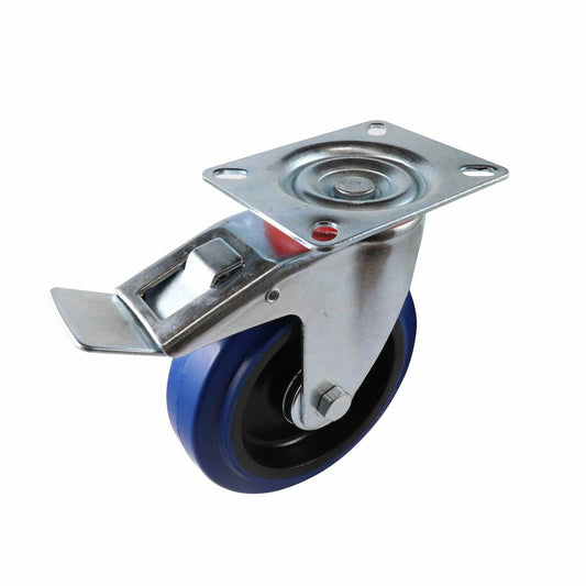 Easyroll Swivel Brake Castor - 125mm - Blue Elastic Rubber - 150kg Load - Auzzistore