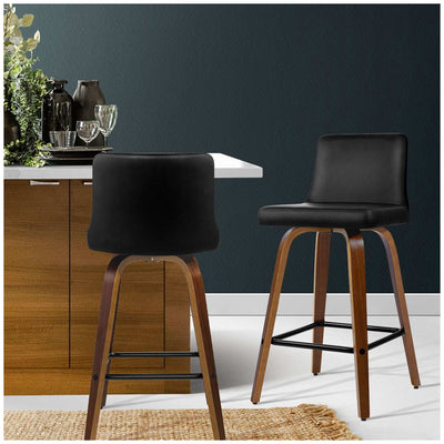 Artiss Felipe Barstool 2 Pack Black Walnut Swivel PU Leather Wood Stylish