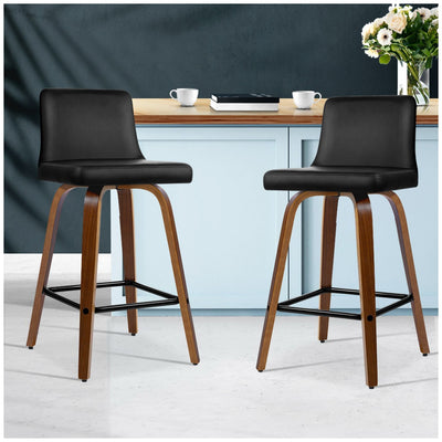 Artiss Felipe Barstool 2 Pack Black Walnut Swivel PU Leather Wood Stylish