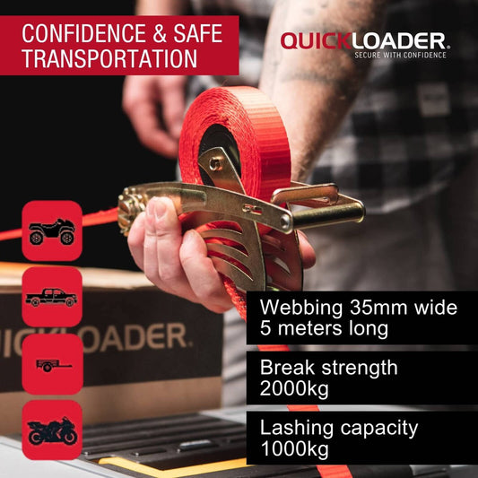 Quickloader Retractable Ratchet Strap Tie Down 5m x 35mm 1000kg - 2 Pack - Red - Heavy-Duty Cargo Securement – view 2 - Auzzistore