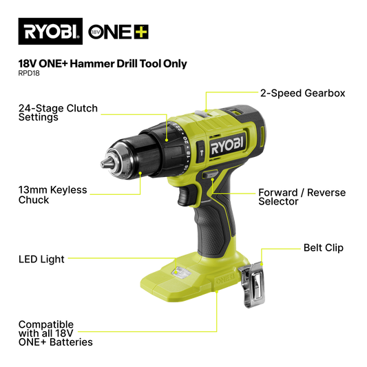Ryobi 18V ONE+ Hammer Drill RPD18 - Cordless Tool - 2-Speed Gearbox - LED Light – view 2 - Auzzistore
