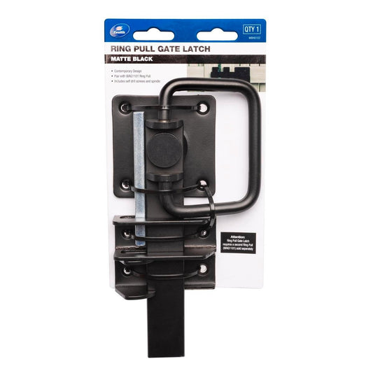 Zenith Matte Black Ring Pull Gate Latch - 115mm x 32mm x 210mm - Steel - Auzzistore