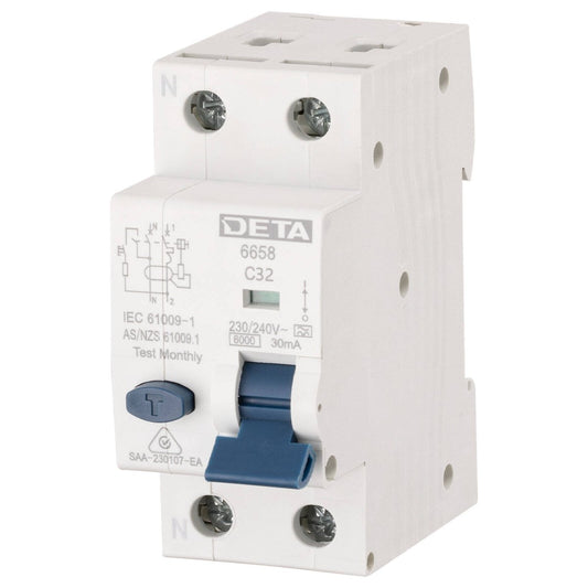 Deta 32A Single Phase RCBO - 6kA High Breaking Capacity - 240V - Auzzistore