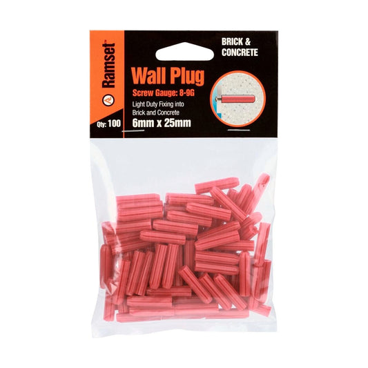 Ramset Red Wall Plugs 6 x 25mm Plastic 100 Pack Easy Insertion - Auzzistore