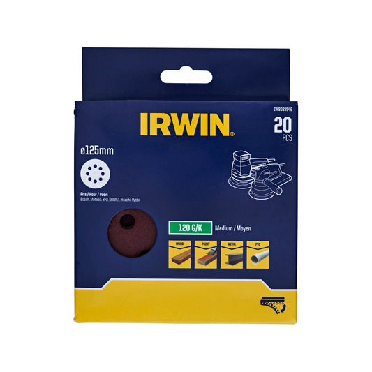 Irwin Quick Fit Random Orbital Sanding Discs 125mm 120 Grit 20 Pack - Efficient Smoothing - Auzzistore