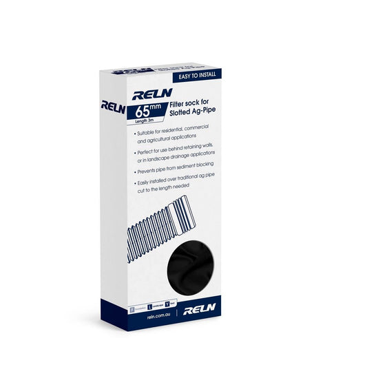 Reln Filter Sock - 65mm x 3m - Black Textile - Landscape Drainage - Auzzistore