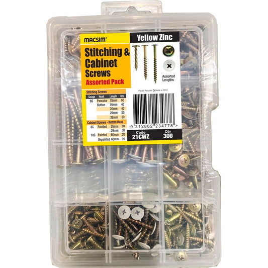 Macsim 300 Piece Assorted Yellow Zinc Stitching Cabinet Screws - 8G x 18mm to 32mm - Auzzistore