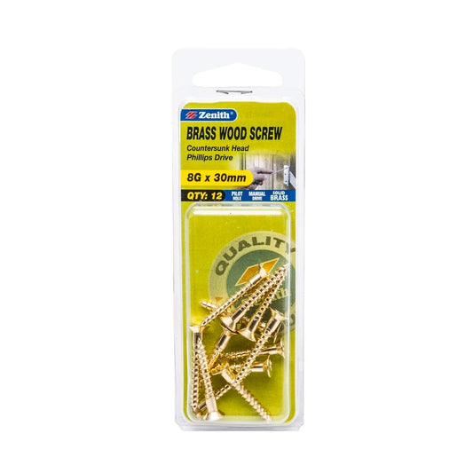 Zenith 8G x 30mm Brass Countersunk Head Wood Screws – 12 Pack - Auzzistore