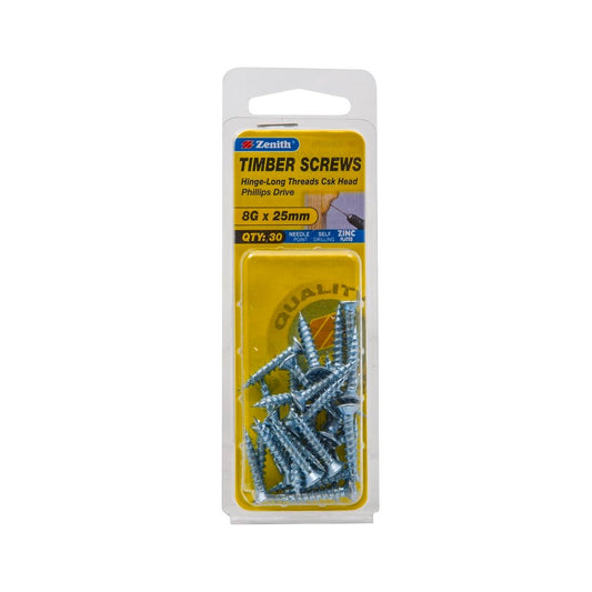 Zenith Timber Screws - 8g x 25mm - Zinc Plated - Countersunk Head - 30 Pack