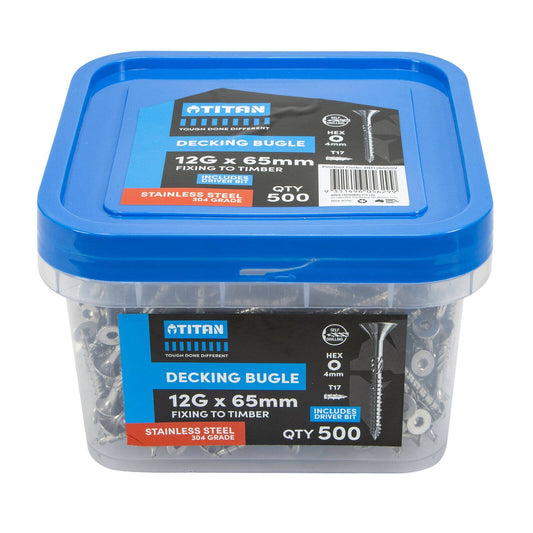 Titan 12g x 65mm Decking Screws - 304 Stainless Steel - Pack of 500 - Durable - Auzzistore