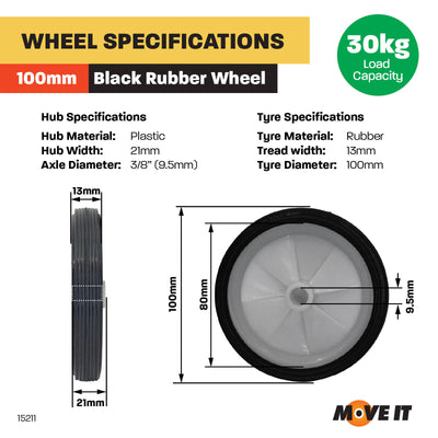 Move It 100mm White Plastic Centre Wheel - Rubber Tyre - Easy Install
