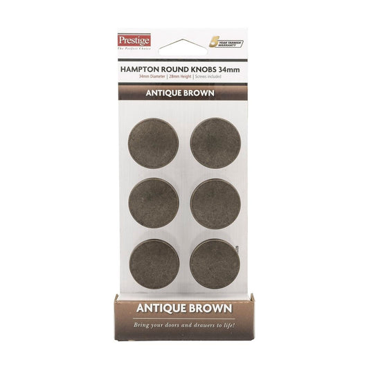 Prestige Antique Brown Round Knob 34mm Zinc Alloy 6 Pack Easy Install