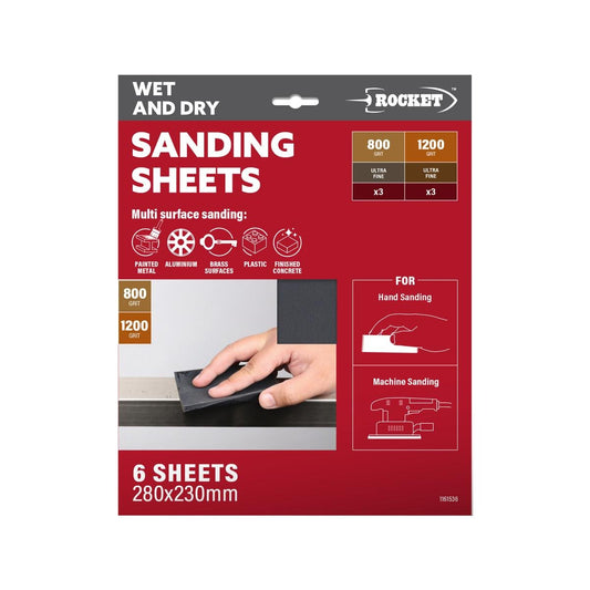 Rocket 800 Wet Dry Sanding Sheets - 6 Pack - 280mm x 230mm - Versatile for Metal, Plastic, Concrete - Auzzistore