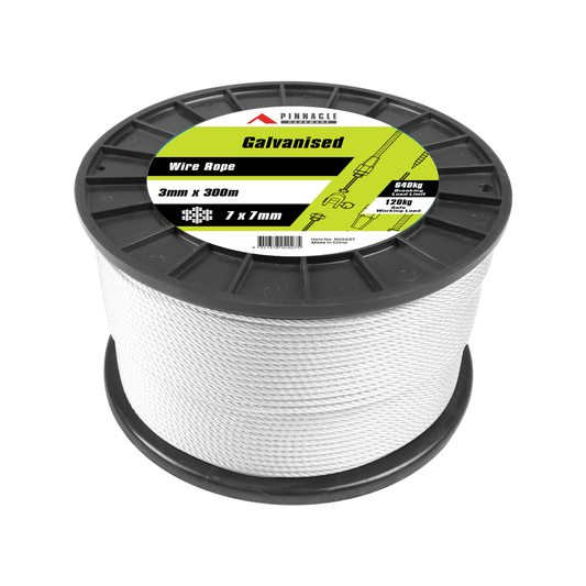 Pinnacle Wire Rope - 3mm x 300m - Galvanised Steel - 120kg Load Limit - Auzzistore