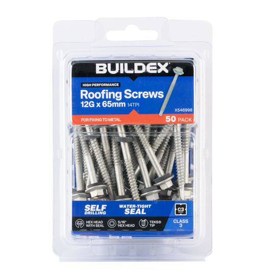 Buildex Roofing Teks Screws - 12g x 65mm - 50 Pack - Class 3 Corrosion Protection - Auzzistore