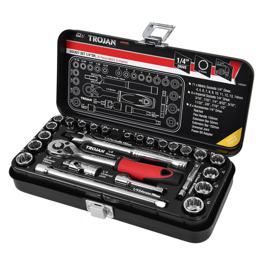 Trojan 26 Piece 1/4" Drive Socket Set - Metric & Imperial - Lifetime Warranty - Auzzistore