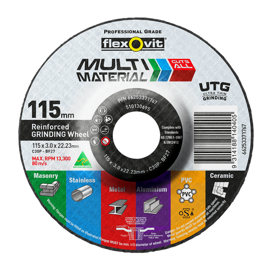 Flexovit Grinding Wheel 115mm x 22mm Multi Material Ultra Thin - Auzzistore