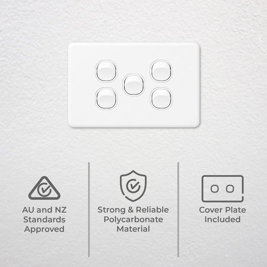 Deta X6 White Five Switch - 5 Gang - Polycarbonate - Classic Design – view 2 - Auzzistore