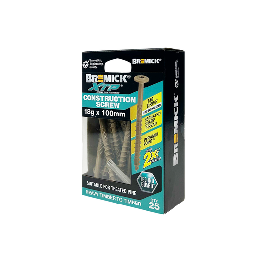 Bremick XTP Construction Screw 18g x 100mm - TechnoGuard Tan - 25 Pack - Serrated Washer Head - Pyramid Point - Auzzistore