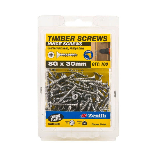 Zenith Timber Screws 8G x 30mm Chrome Plated 100 Pack Flush Finish - Auzzistore