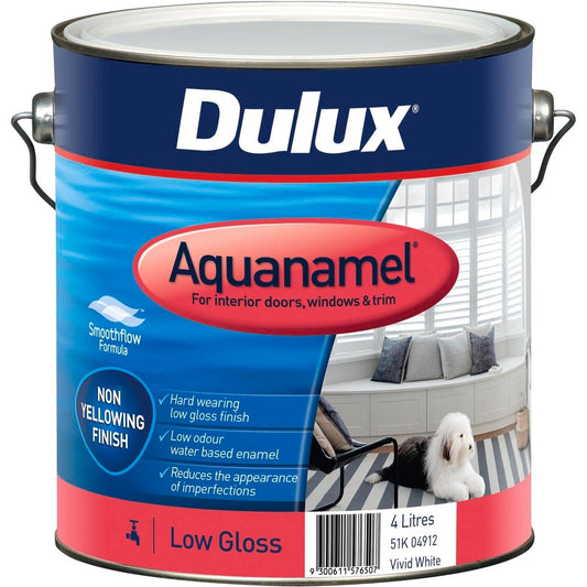 Dulux Aquanamel 4L Vivid White Low Gloss Enamel Paint Durable Finish