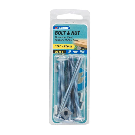 Zenith Mushroom Head Bolt & Nut - 1/4 x 75mm - 6 Pack - Zinc Plated - Auzzistore