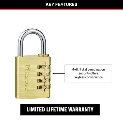 Master Lock 40mm Brass Combination Padlock - Aluminum - Durable - Keyless