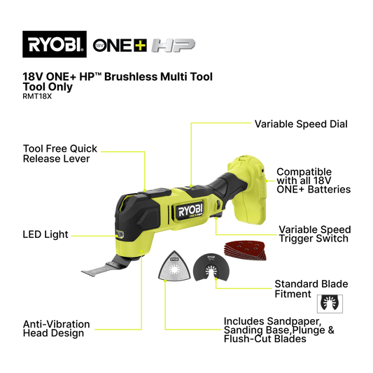 Ryobi 18V ONE+ HP Brushless Multitool Tool Only - 80mm x 322mm x 138mm - Versatile for Sanding, Plunge Cuts, Grout Removal – view 2 - Auzzistore