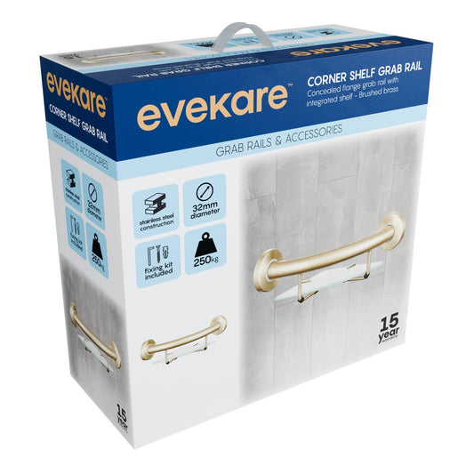 Evekare Brushed Brass Corner Shelf with Grab Rail - 270mm x 120mm x 275mm - Durable Stainless Steel - 250kg Weight Rating – view 2