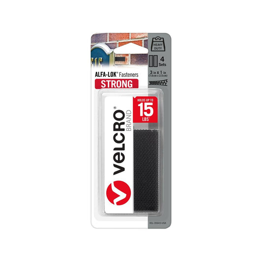 Velcro Alfa Lok Hook and Loop Strips - 25mm x 76cm - Black - 4 Sets - Water Resistant
