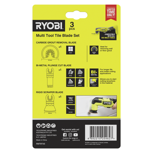 Ryobi 3 Piece Multi Tool Tile Blade Set - 91mm Grout Removal Blade - Versatile Cutting – view 2 - Auzzistore