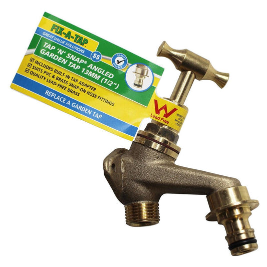 Fix a Tap 13mm Brass Lead Free T Handle Angled Garden Tap N Snap - Durable - Easy Hose Attachment - Auzzistore