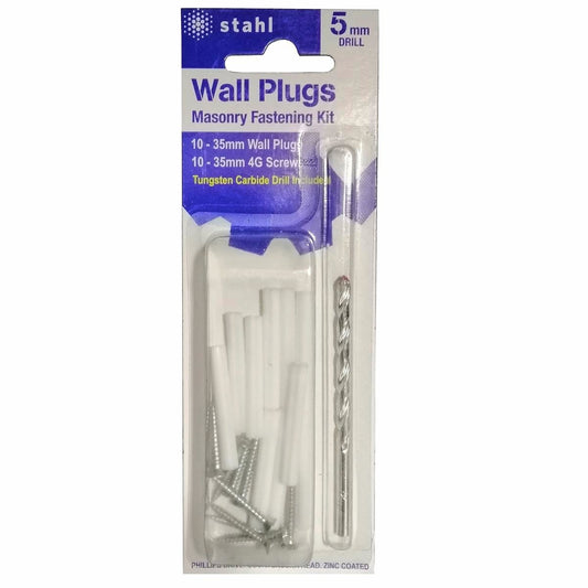 Stahl Masonry Kit - 5mm - Plastic - 10 Wall Plugs - 10 Screws - Auzzistore