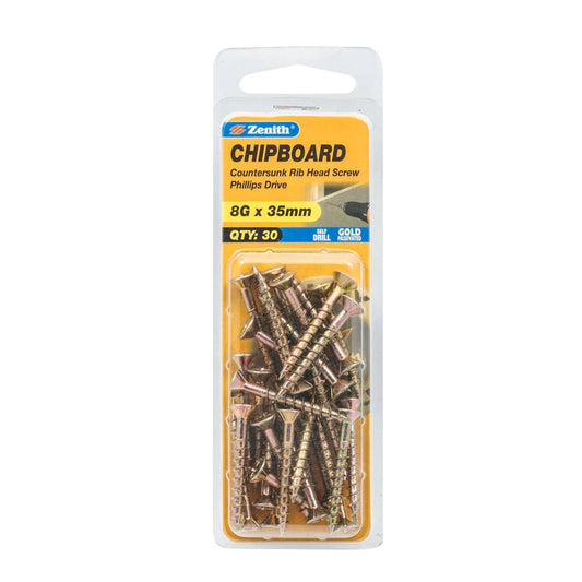 Zenith 8g x 35mm Gold Passivated Chipboard Screw - 30 Pack - Self-Drilling - Auzzistore