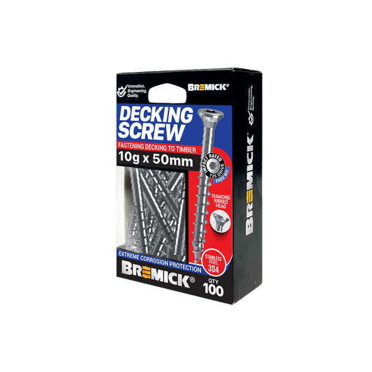 Bremick Decking Screw 10g x 50mm - Spiral Rib T25 - Stainless Steel 304 - 100 Pack - Auzzistore
