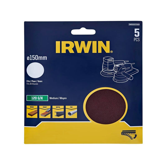 Irwin 150mm Quick Fit Random Orbital Sanding Discs 5 Pack - 120 Grit - No Holes - Aluminium Oxide - Auzzistore
