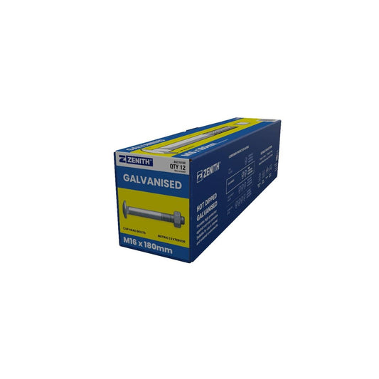Zenith Cup Head Bolts - M16 x 180mm - Hot Dipped Galvanised - 12 Pack - Auzzistore