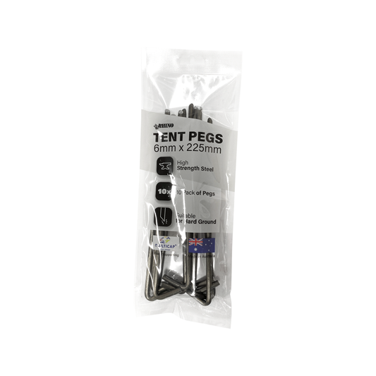 Rhino Tent Peg 10 Pack - 6 x 225mm Heavy-Duty Steel for Medium-Hard Ground