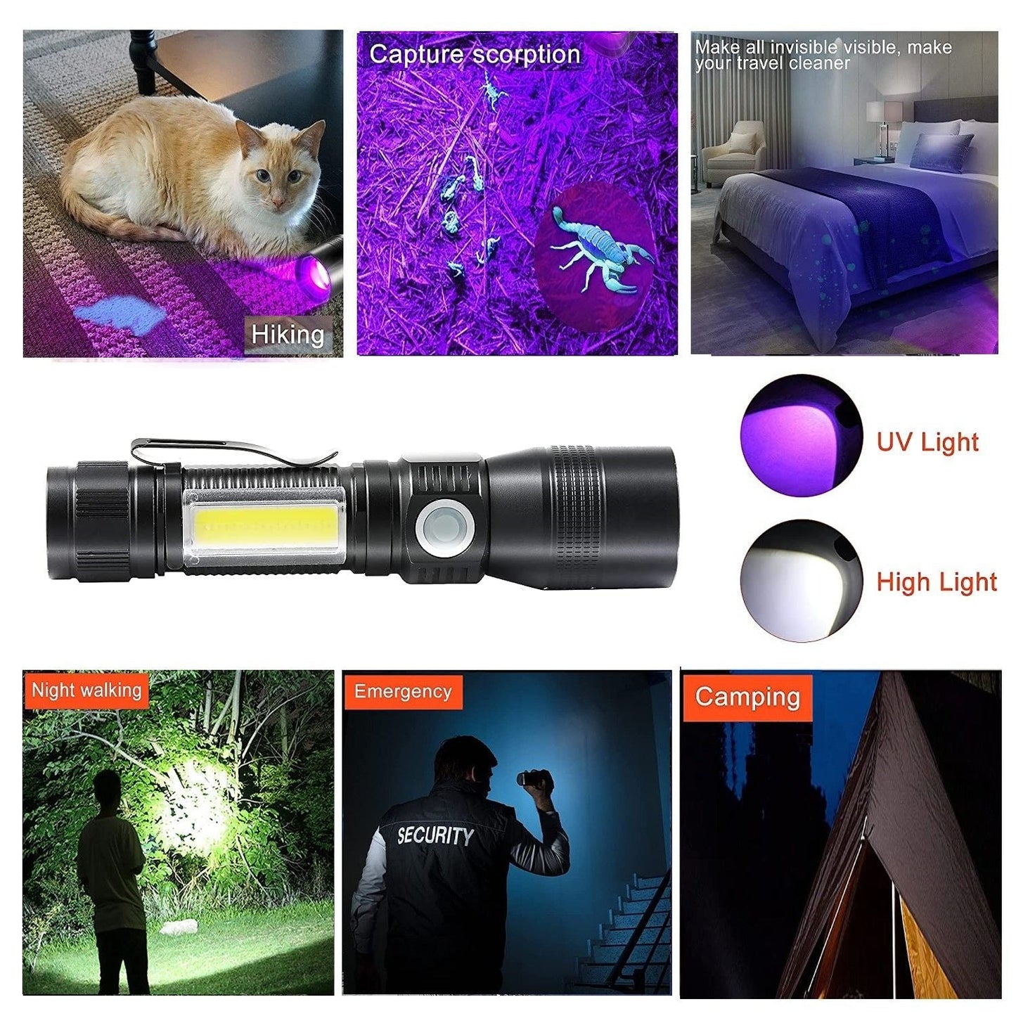 7 Modes Waterproof Rechargeable UV Light Flashlight Torch for Camping | Auzzi Store