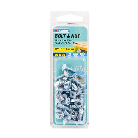 Zenith Mushroom Head Bolt & Nut - 3/16 x 15mm - Zinc Plated - 25 Pack - Auzzistore