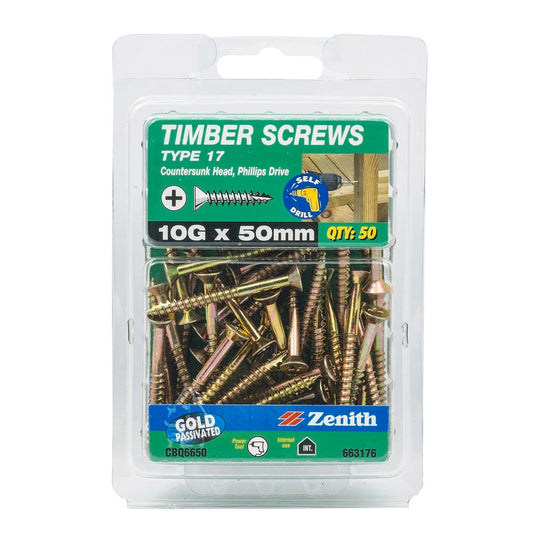 Zenith Timber Screws - 10g x 50mm - Gold Passivated - 50 Pack - Auzzistore