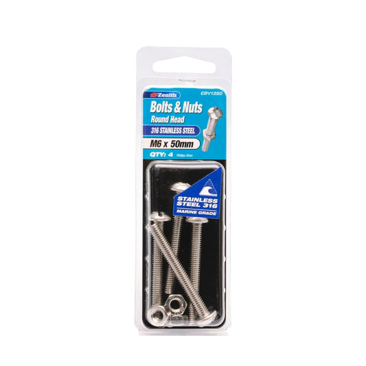 Zenith M6 x 50mm Round Head Bolts and Nuts 316 Stainless Steel 4 Pack - Auzzistore
