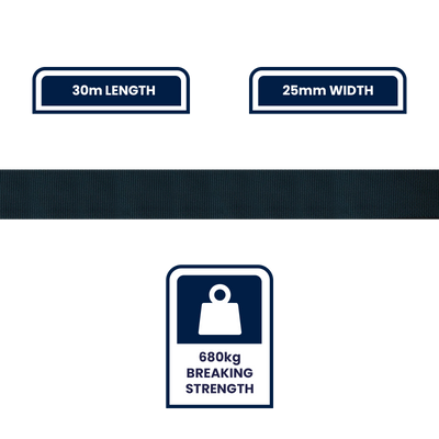 Grunt 25mm Black Poly Webbing 30m Strong Durable Lightweight