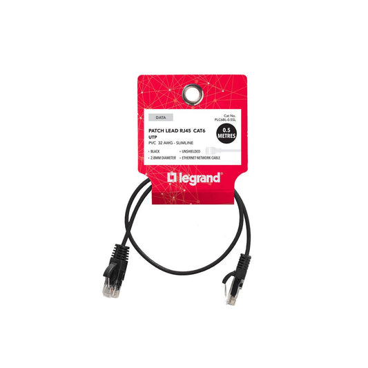 Legrand Cat 6 Patch Lead - 0.5m - Black - Slimline - High-Speed Data Transmission