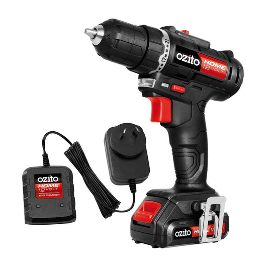 Ozito 12V Cordless Drill Driver Kit - 1.5Ah Battery - Compact - Black & Red - Auzzistore