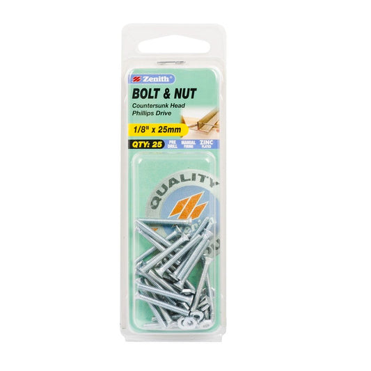 Zenith Countersunk Bolt - 1/8 x 25mm - Zinc Plated - Flush Finish - 25 Pack - Auzzistore
