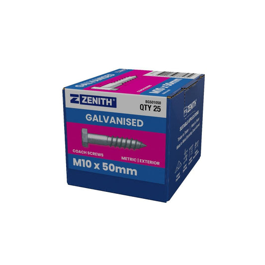 Zenith M10 x 50mm Hot Dip Galvanised Hex Head Coach Screws - 25 Pack - Heavy-Duty Fastening - Auzzistore