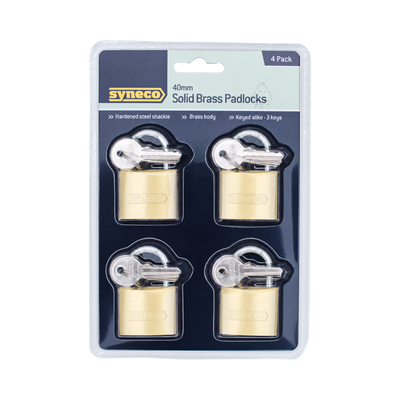 Syneco Brass Padlocks - 40mm - 4 Pack - Keyed Alike