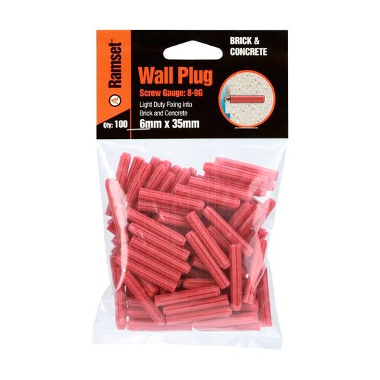 Ramset Red Wall Plugs 6 x 35mm Plastic 100 Pack Easy Insertion - Auzzistore